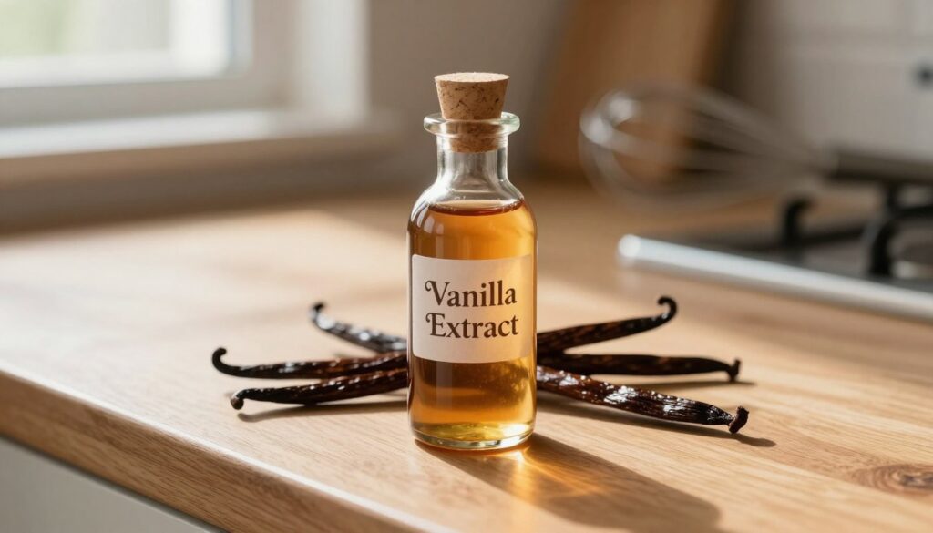 A close-up image of a small, elegant glass bottle of pure vanilla extract on a wooden kitchen countertop. The bottle features a cork stopper and a label showing 'Vanilla Extract' in a classic font. Surrounding the bottle are fresh vanilla beans, with their deep brown color contrasting against the rich, light amber liquid inside the bottle. Soft, natural lighting streams in from a nearby window, casting gentle shadows that enhance the texture of the countertop. In the background, blurred out, there are hints of kitchen tools like a whisk and measuring spoons, suggesting a warm, inviting atmosphere perfect for baking. The overall mood is cozy and homely, ideal for home cooking inspiration.