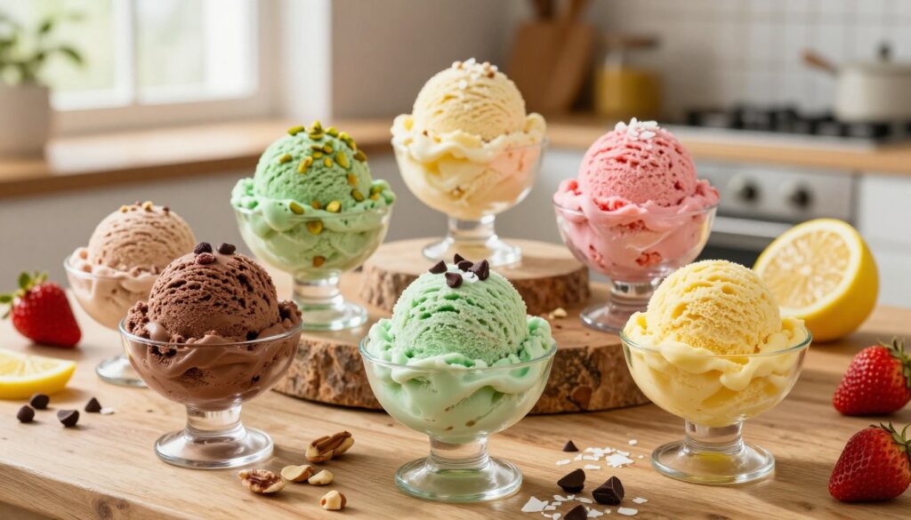 A vibrant display of various flavors of ice cream in a rustic setting. In the foreground, several scoops of creamy ice cream in shades of chocolate brown, pistachio green, strawberry pink, and lemon yellow are artistically arranged in elegant glass bowls. The middle layer features a wooden table with scattered ingredients such as chopped nuts, fresh fruits, and keto-friendly toppings like sugar-free chocolate chips and coconut flakes. In the background, a soft-focus kitchen scene adds a warm, inviting atmosphere, with natural light streaming in from a window, illuminating the textures of the ice cream. The composition is vibrant yet cozy, evoking the joy of indulging in delicious low-carb treats.